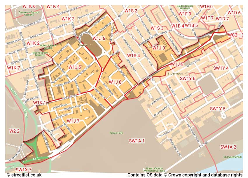 map showing postcode sectors within the W1J district