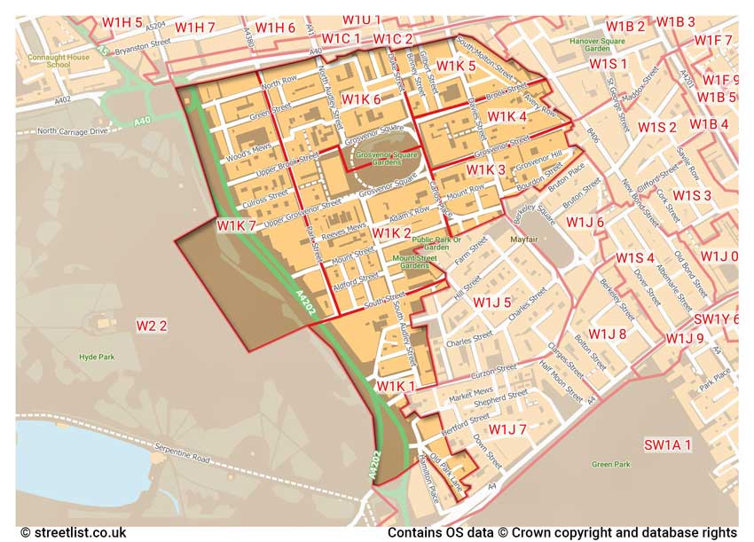 map showing postcode sectors within the W1K district