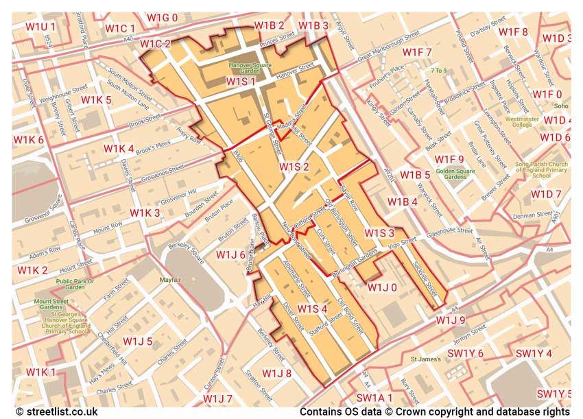 map showing postcode sectors within the W1S district