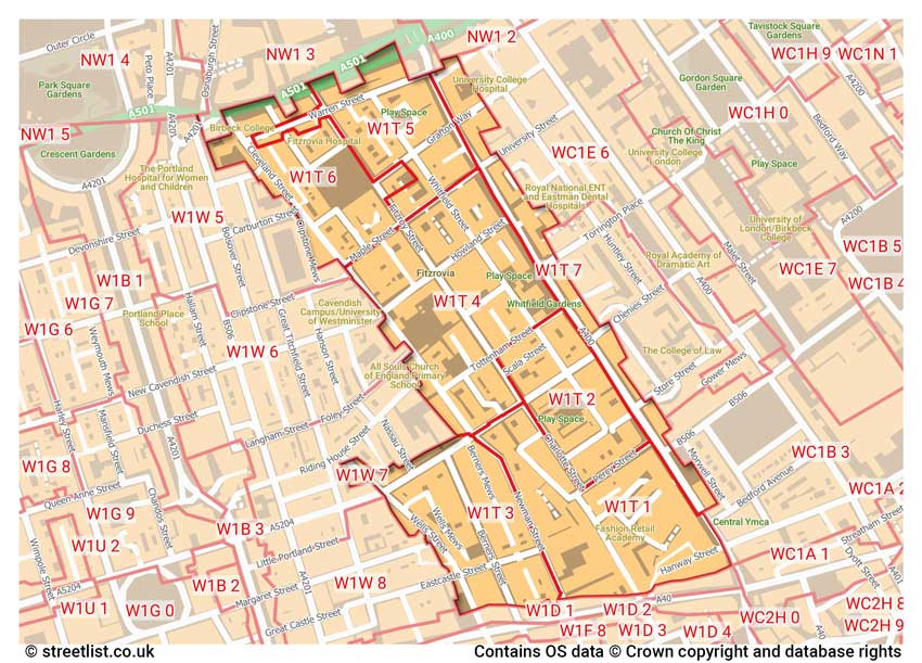 map showing postcode sectors within the W1T district