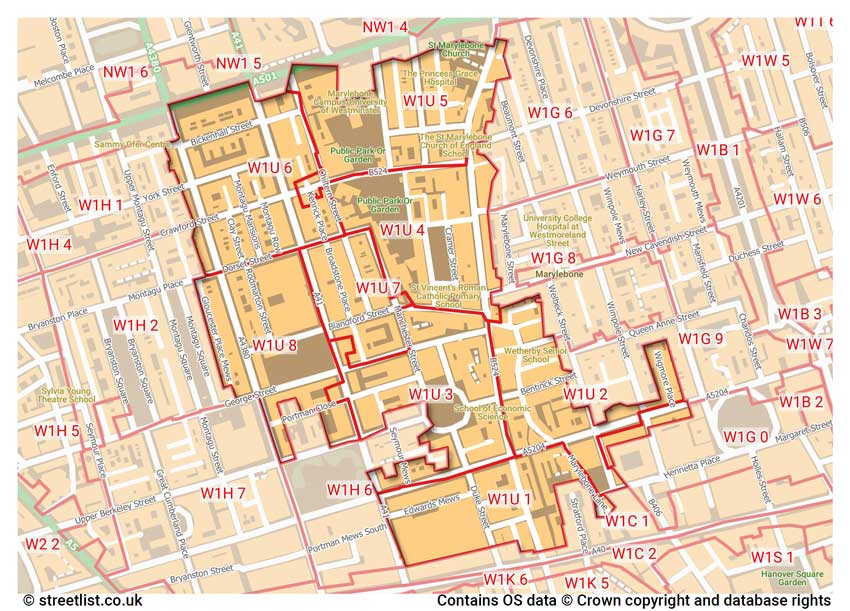 map showing postcode sectors within the W1U district