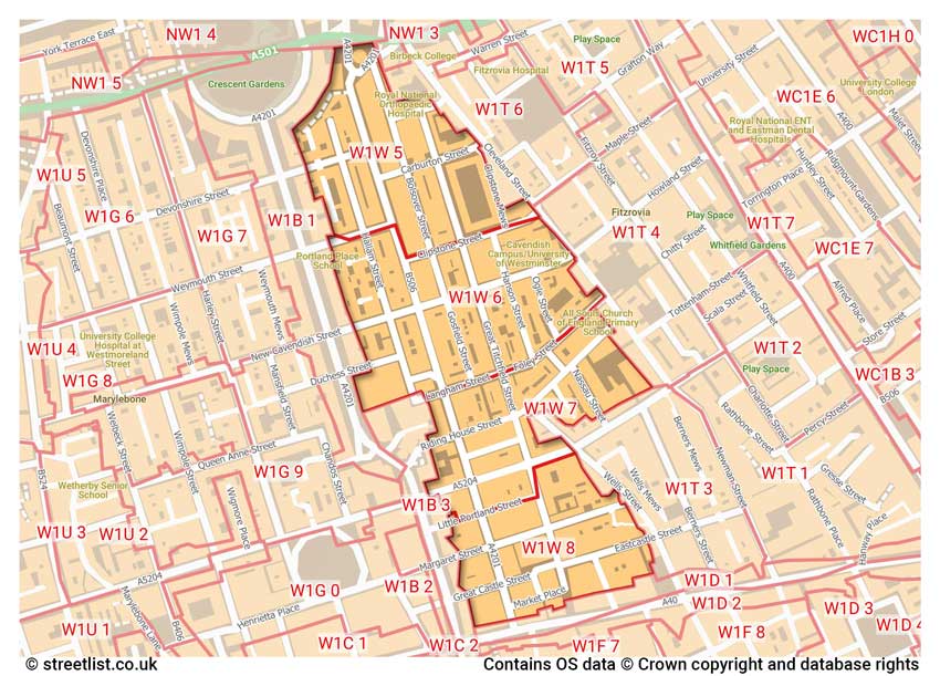 map showing postcode sectors within the W1W district