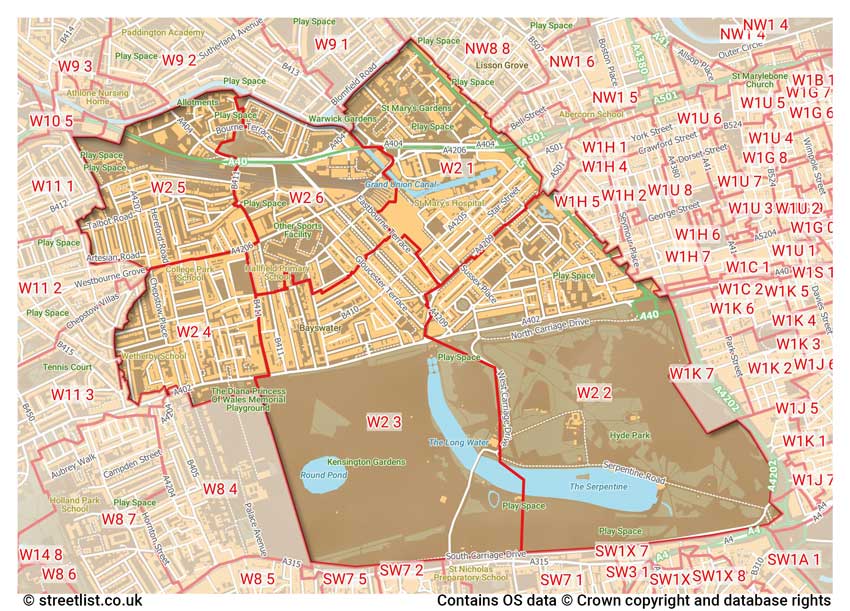 map showing postcode sectors within the W2 district