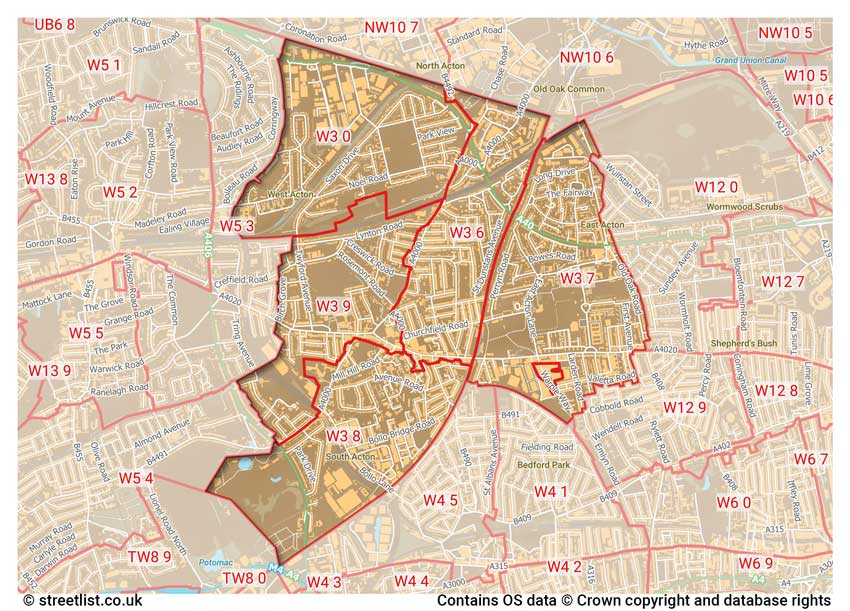 map showing postcode sectors within the W3 district