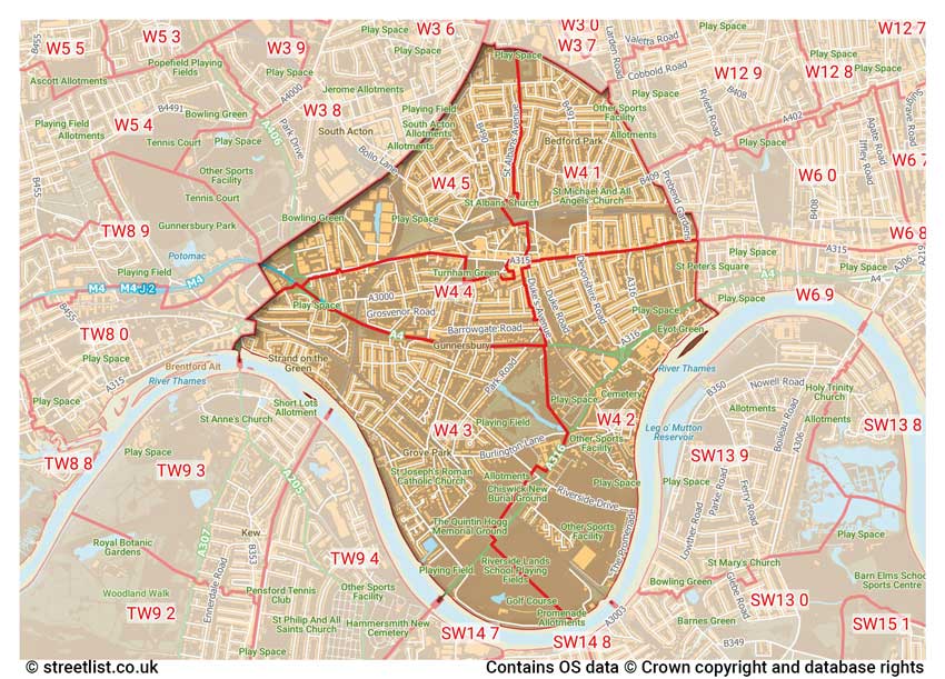 map showing postcode sectors within the W4 district