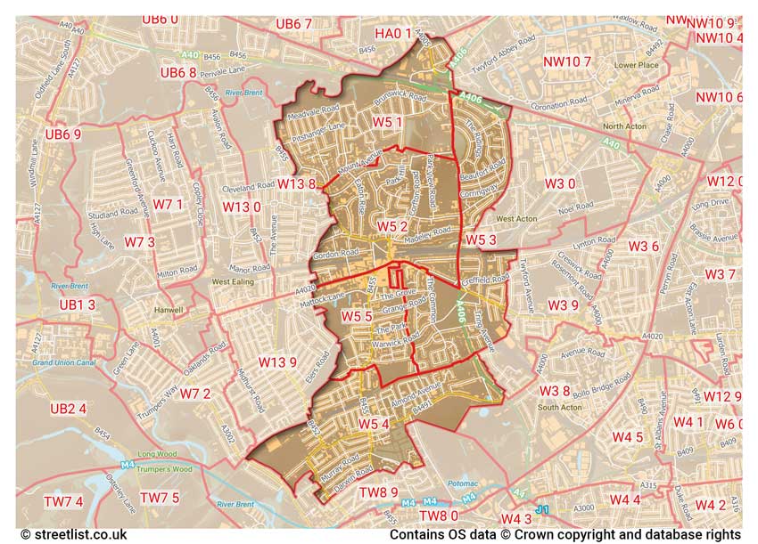 map showing postcode sectors within the W5 district