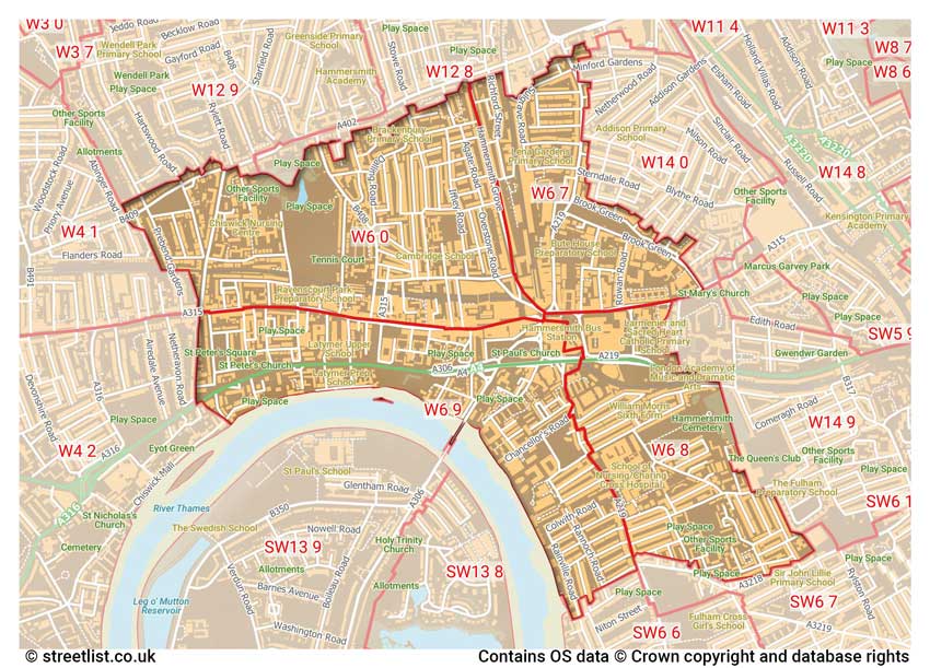 map showing postcode sectors within the W6 district