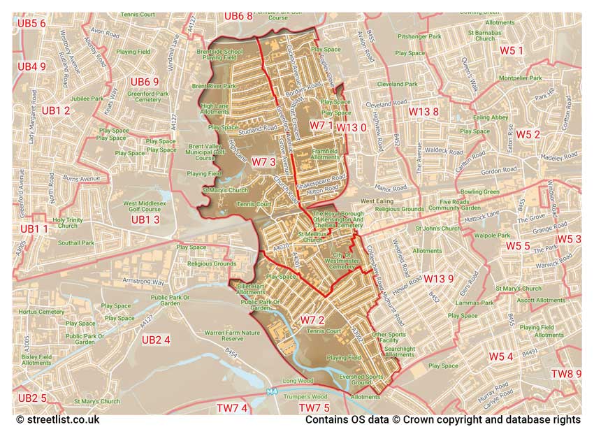 map showing postcode sectors within the W7 district