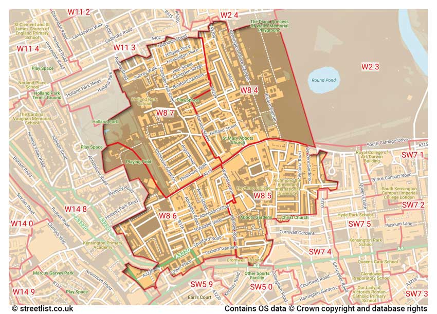 map showing postcode sectors within the W8 district