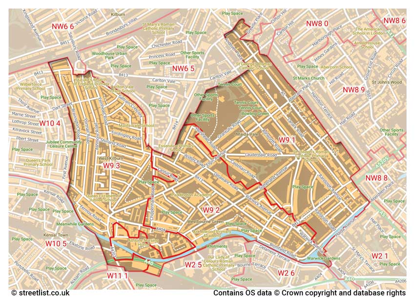 map showing postcode sectors within the W9 district