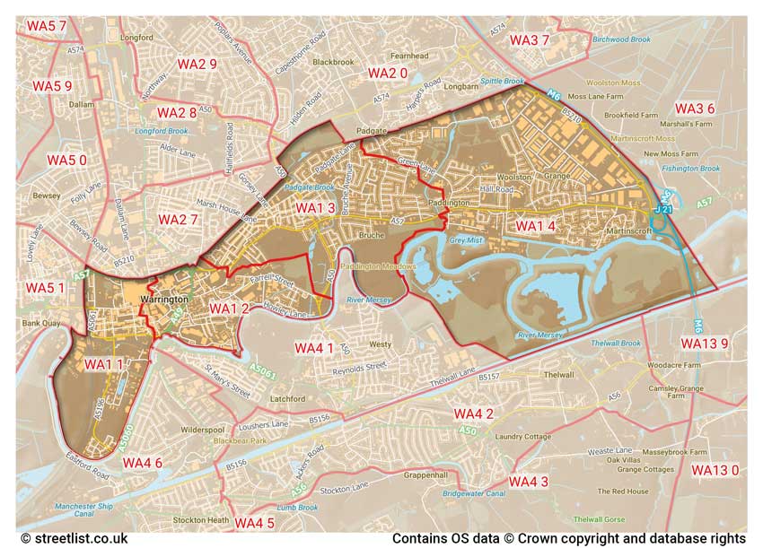 map showing postcode sectors within the WA1 district