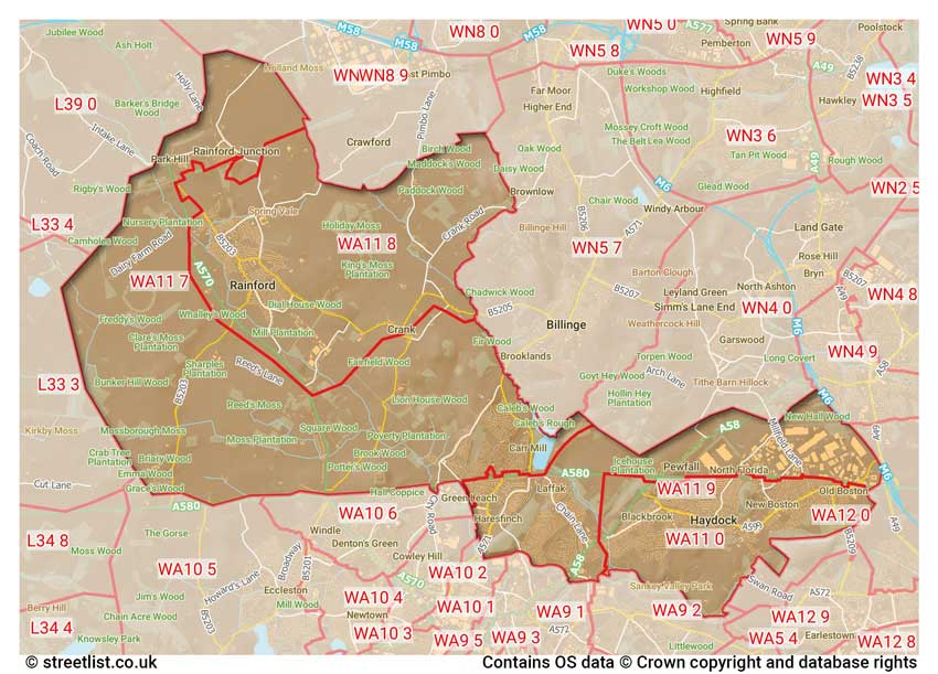 map showing postcode sectors within the WA11 district