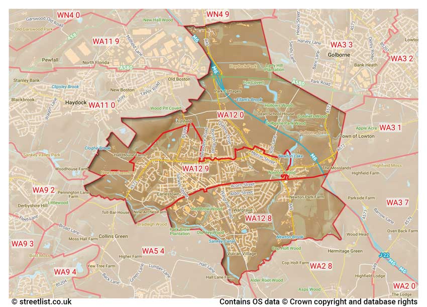 map showing postcode sectors within the WA12 district