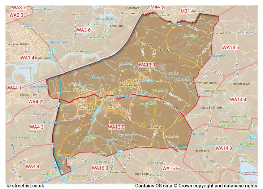 map showing postcode sectors within the WA13 district