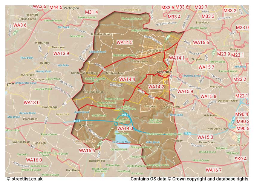 map showing postcode sectors within the WA14 district