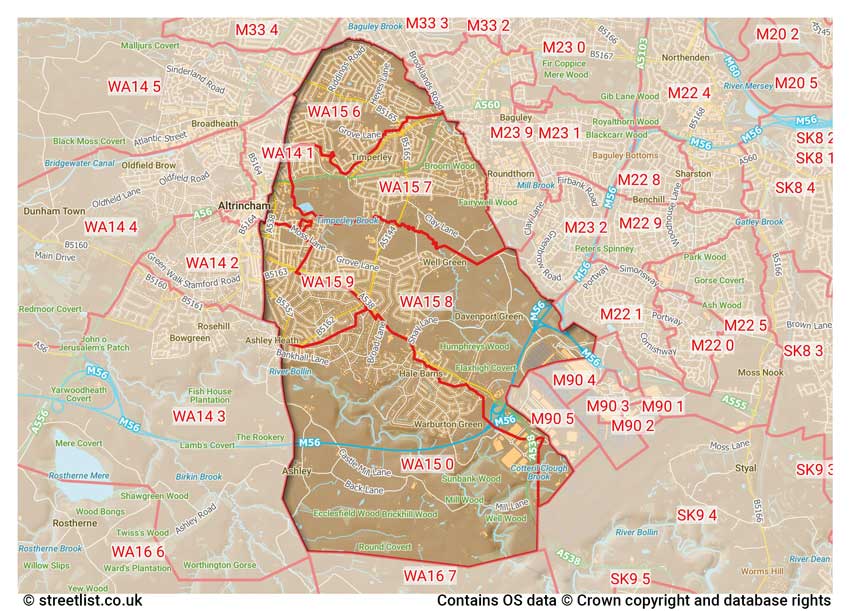 map showing postcode sectors within the WA15 district