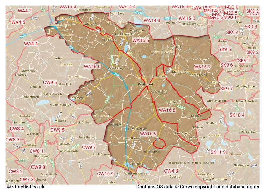 map showing postcode sectors within the WA16 district