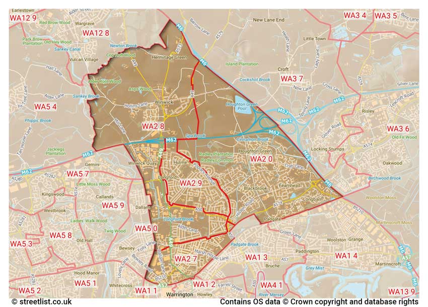 map showing postcode sectors within the WA2 district