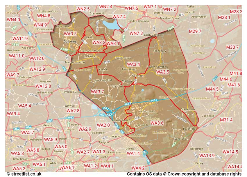 map showing postcode sectors within the WA3 district