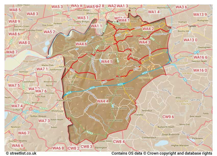 map showing postcode sectors within the WA4 district