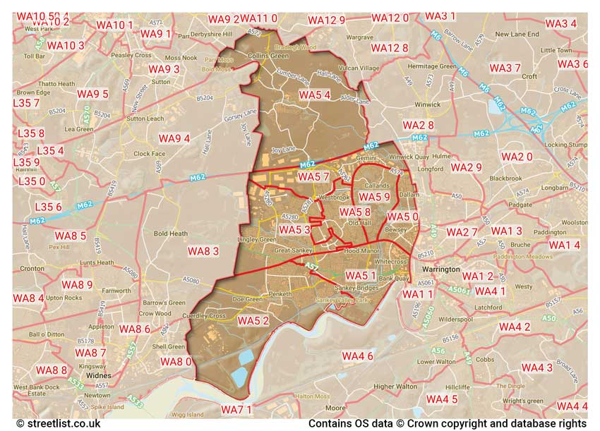 map showing postcode sectors within the WA5 district