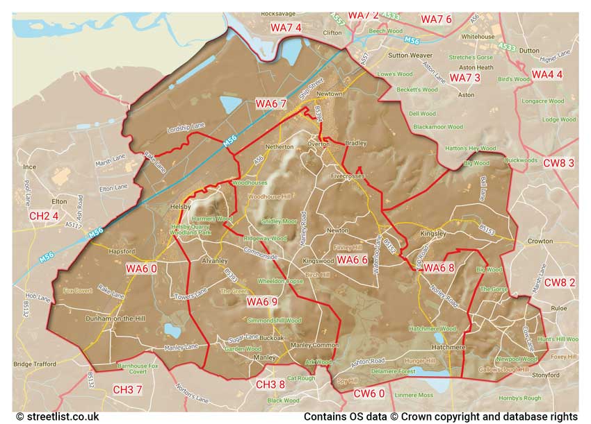 map showing postcode sectors within the WA6 district