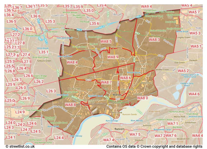 map showing postcode sectors within the WA8 district