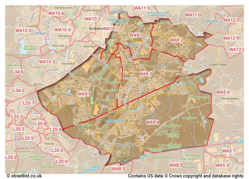 map showing postcode sectors within the WA9 district