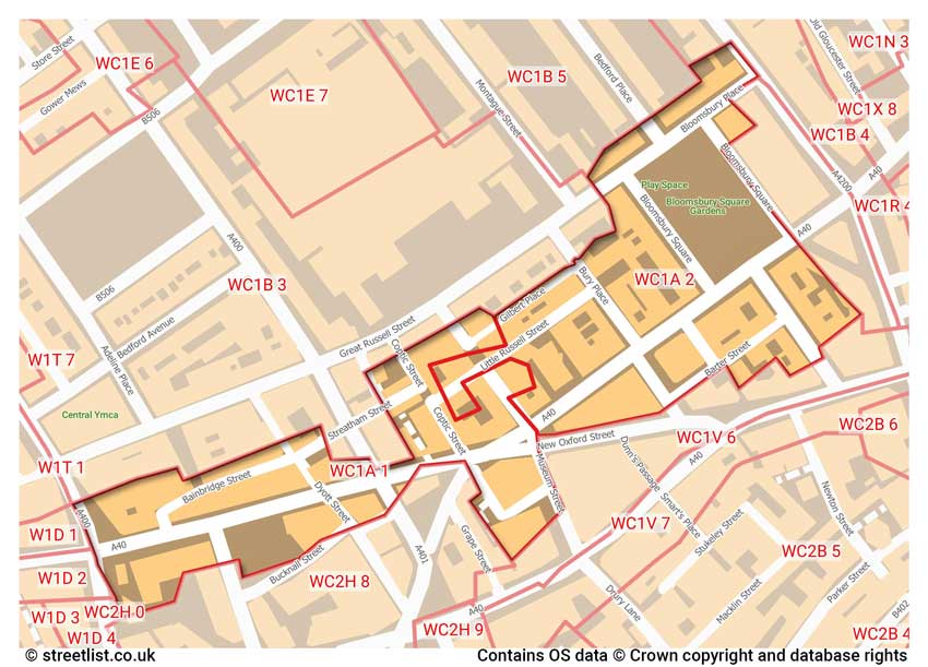 map showing postcode sectors within the WC1A district