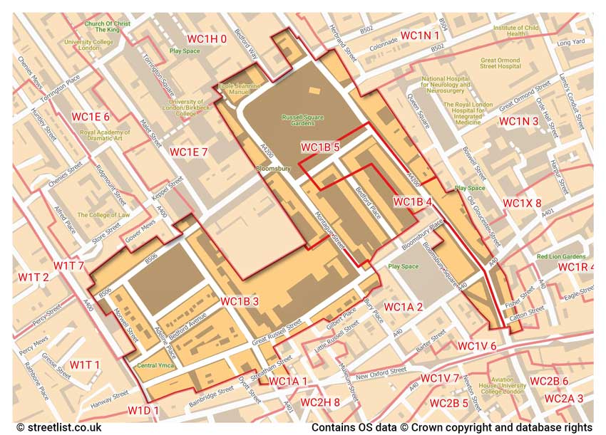 map showing postcode sectors within the WC1B district