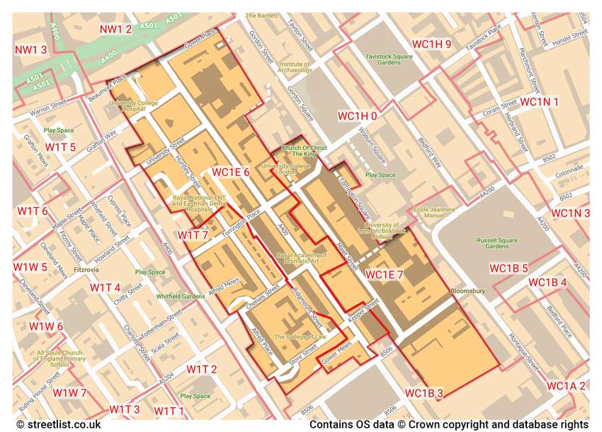 map showing postcode sectors within the WC1E district