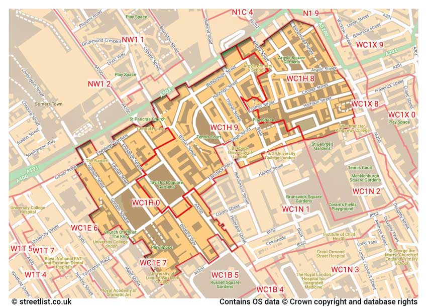 map showing postcode sectors within the WC1H district