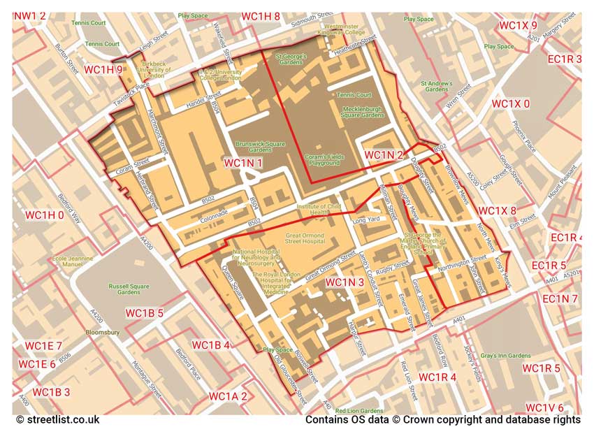 map showing postcode sectors within the WC1N district