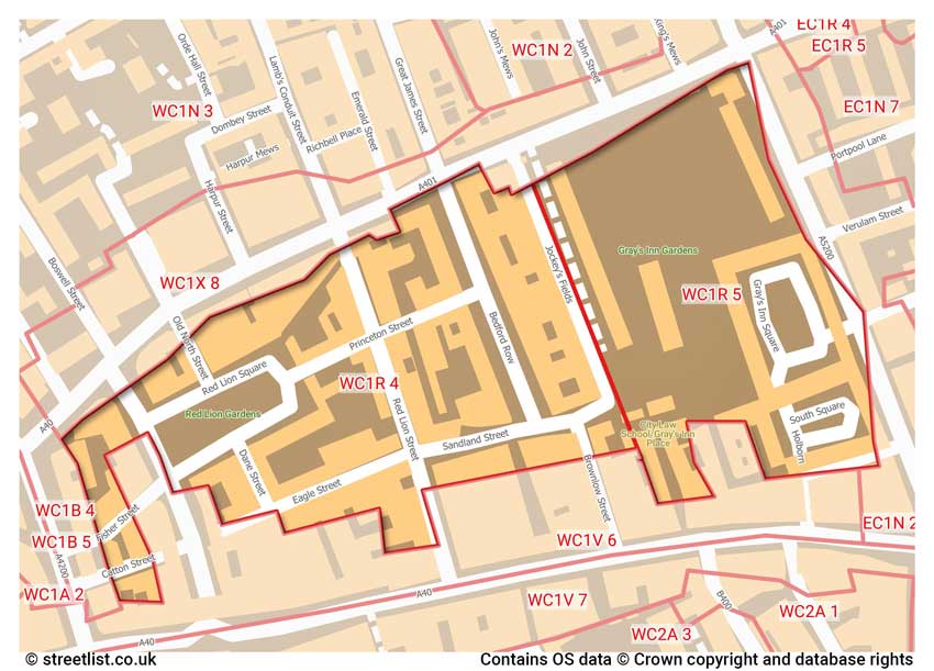 map showing postcode sectors within the WC1R district