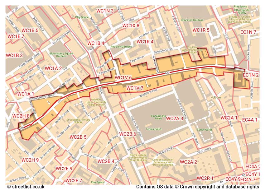 map showing postcode sectors within the WC1V district