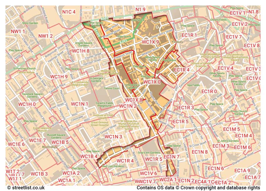 map showing postcode sectors within the WC1X district