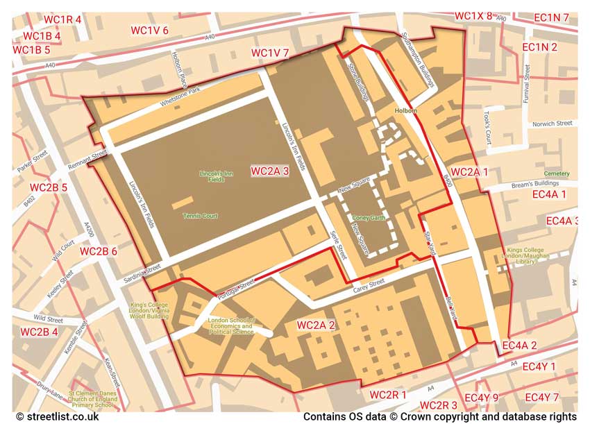 map showing postcode sectors within the WC2A district