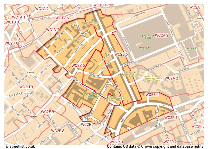 map showing postcode sectors within the WC2B district