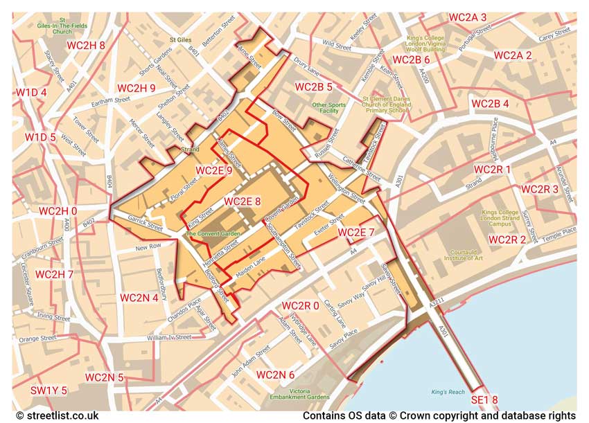 map showing postcode sectors within the WC2E district