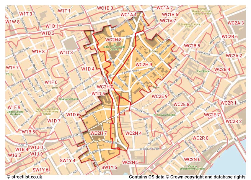 map showing postcode sectors within the WC2H district