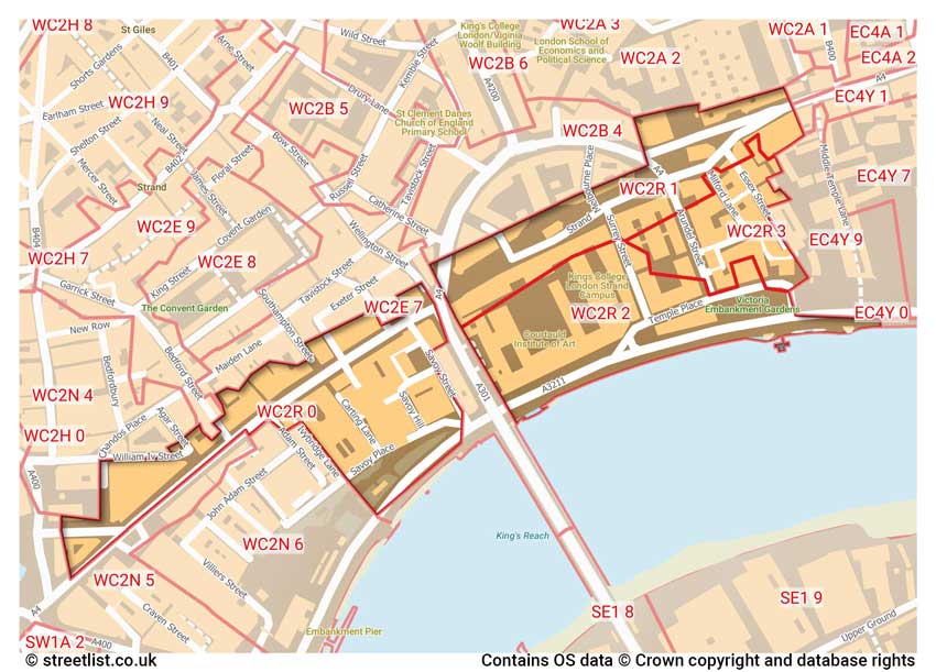 map showing postcode sectors within the WC2R district