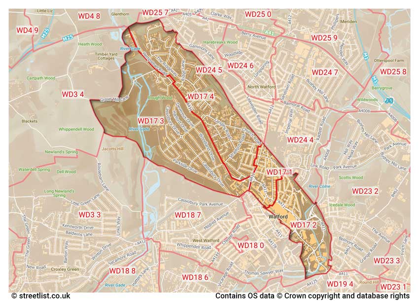 map showing postcode sectors within the WD17 district