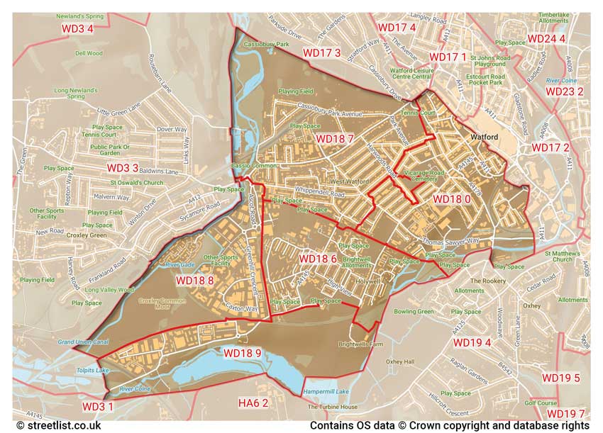 map showing postcode sectors within the WD18 district