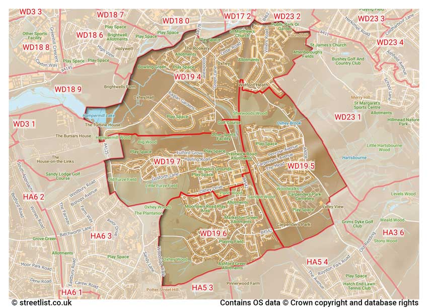 map showing postcode sectors within the WD19 district