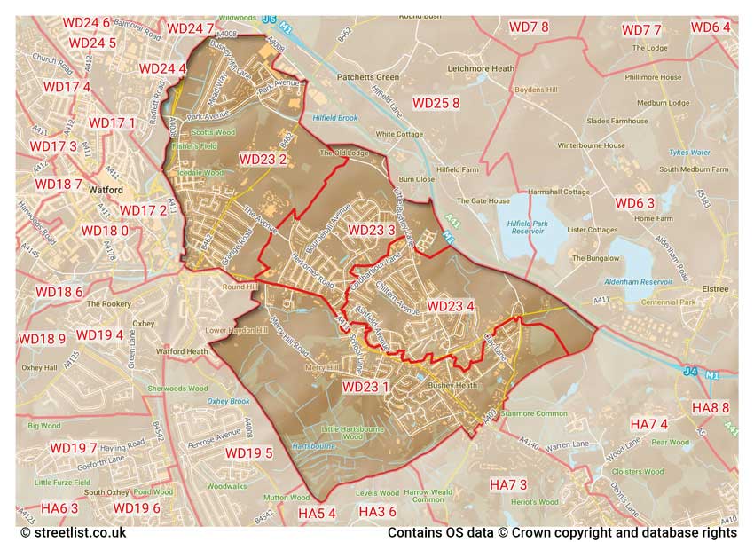 map showing postcode sectors within the WD23 district