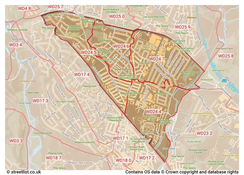 map showing postcode sectors within the WD24 district