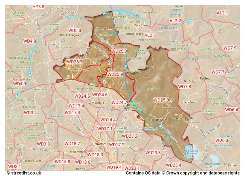 map showing postcode sectors within the WD25 district