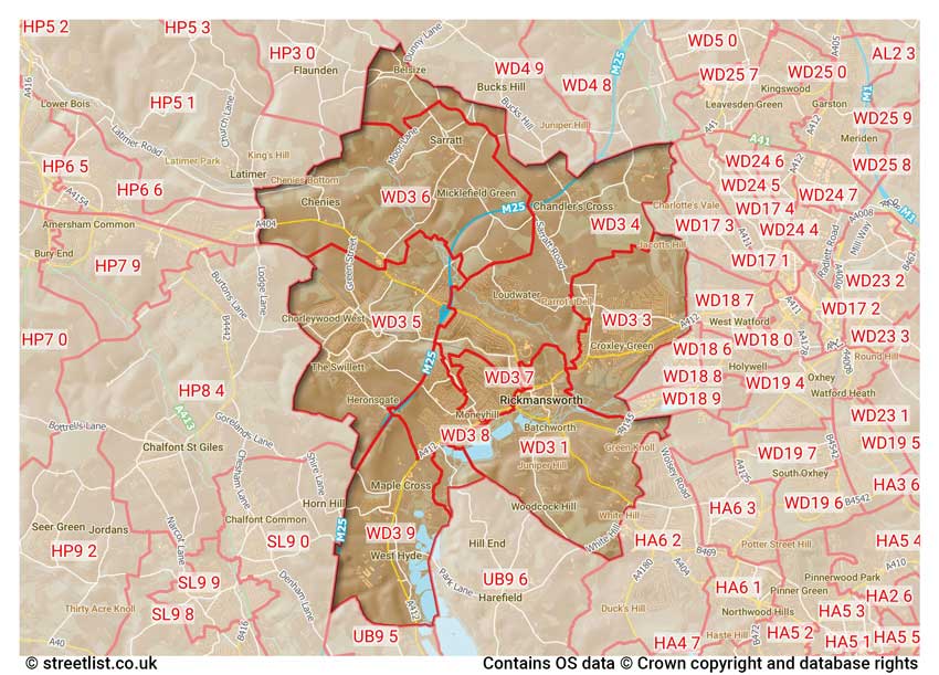 map showing postcode sectors within the WD3 district