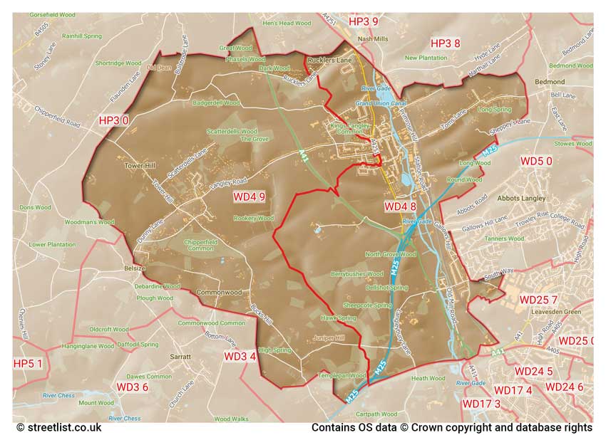 map showing postcode sectors within the WD4 district