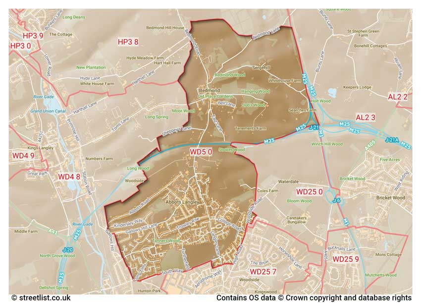 map showing postcode sectors within the WD5 district